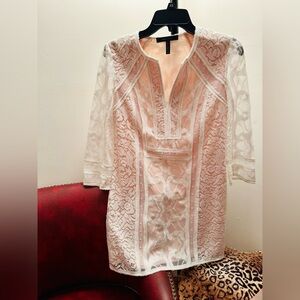BCBGMAXAZRIA White Lace 3/4 Sleeve Shift Mini Dress, XS